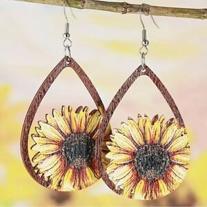 Boutique Lightweight Wooden Sunflower Teardrop Sunflower Dangle Earrings